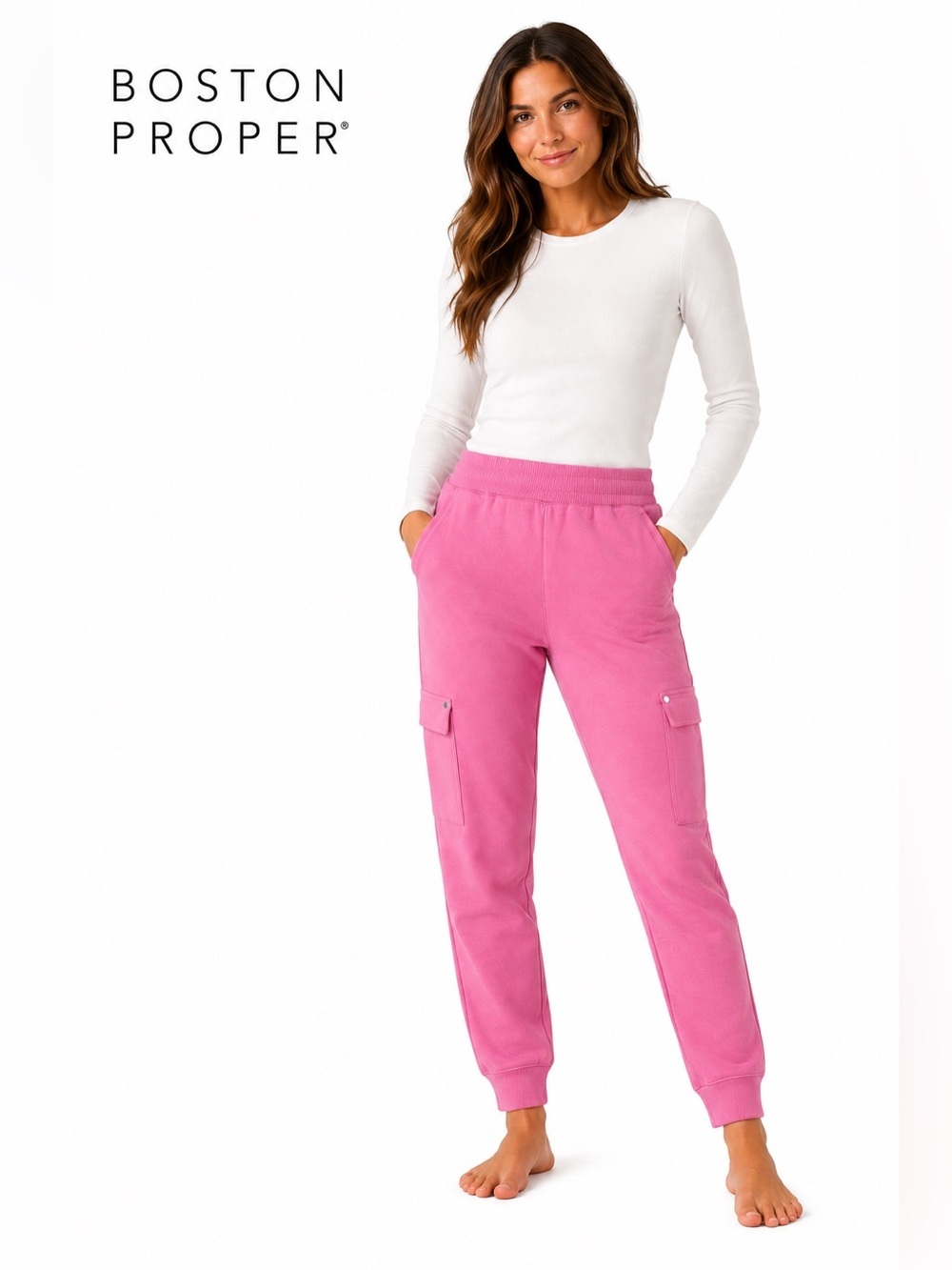 Boston Proper Pink NWOT Modal Blend Cargo Jogger  Small Barbie bubblegum pink